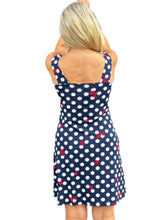 Load image into Gallery viewer, Sleeveless V-Neck Dress with Pockets Navy Polka Dots
