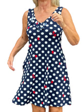 Load image into Gallery viewer, Sleeveless V-Neck Dress with Pockets Navy Polka Dots
