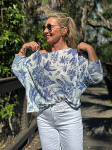 Long Sleeve Knit Sweater Blue Garden - MADE IN ITALY