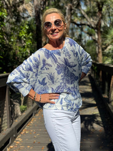 Long Sleeve Knit Sweater Blue Garden - MADE IN ITALY