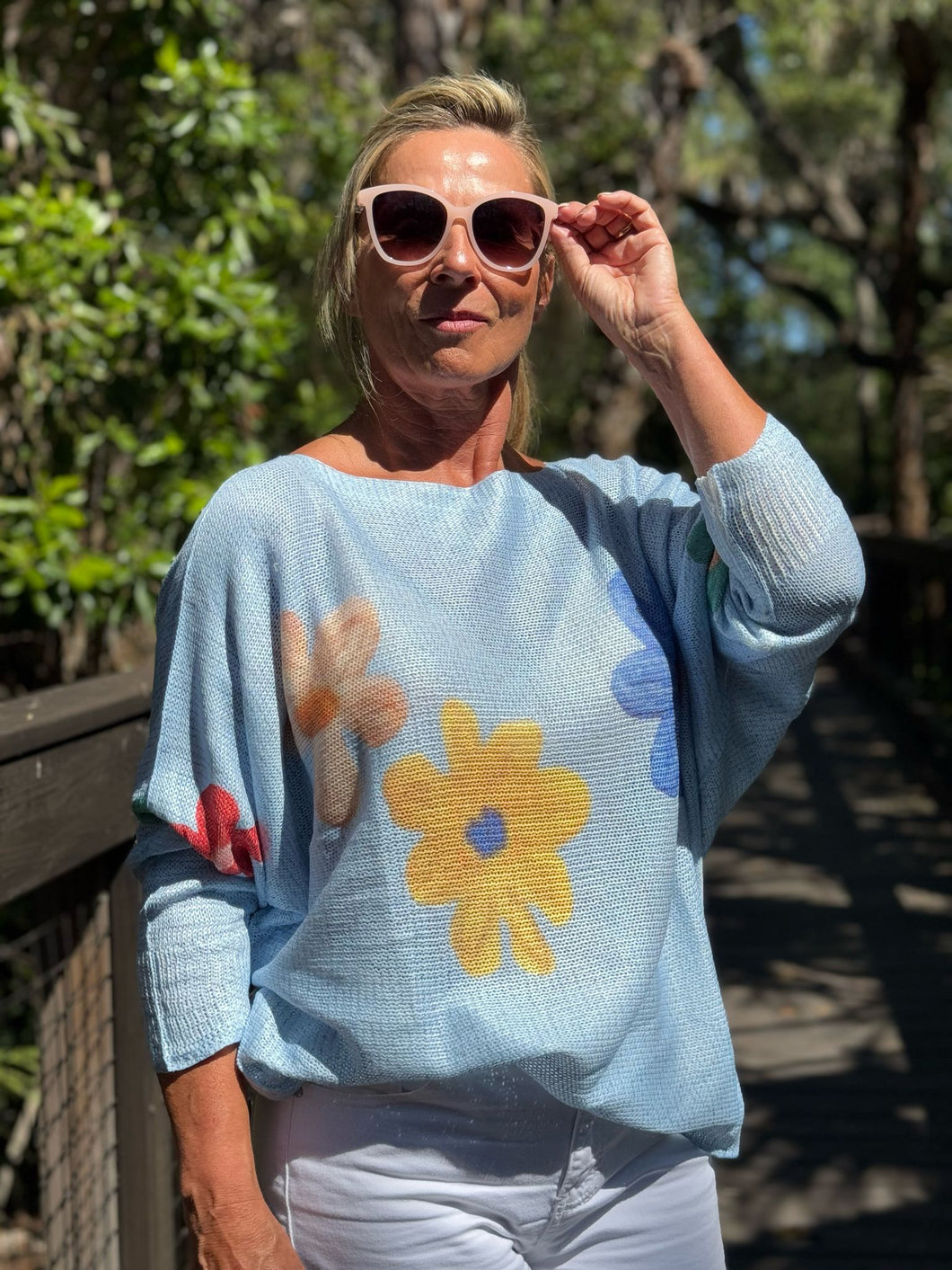 Long Sleeve Knit Sweater Blue Flora - MADE IN ITALY