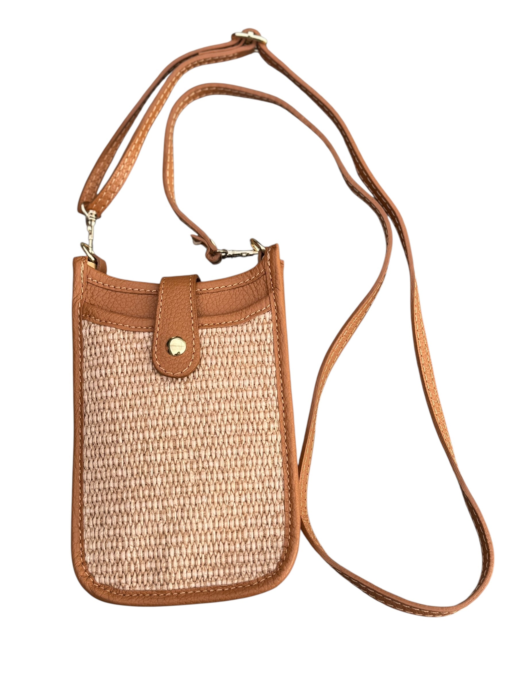 Cellphone Raffia Crossbody Bag Camel - Back of the Bay Boutique