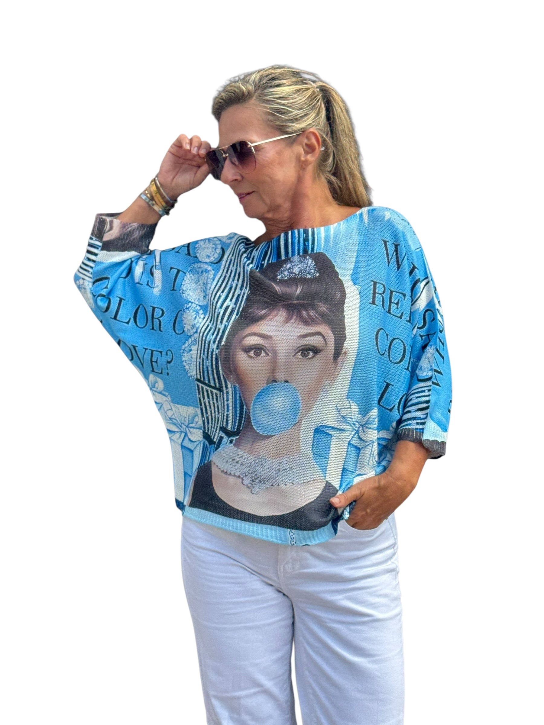 Elbow Sleeve Knit Sweater Blue Bubble Gum - MADE IN ITALY