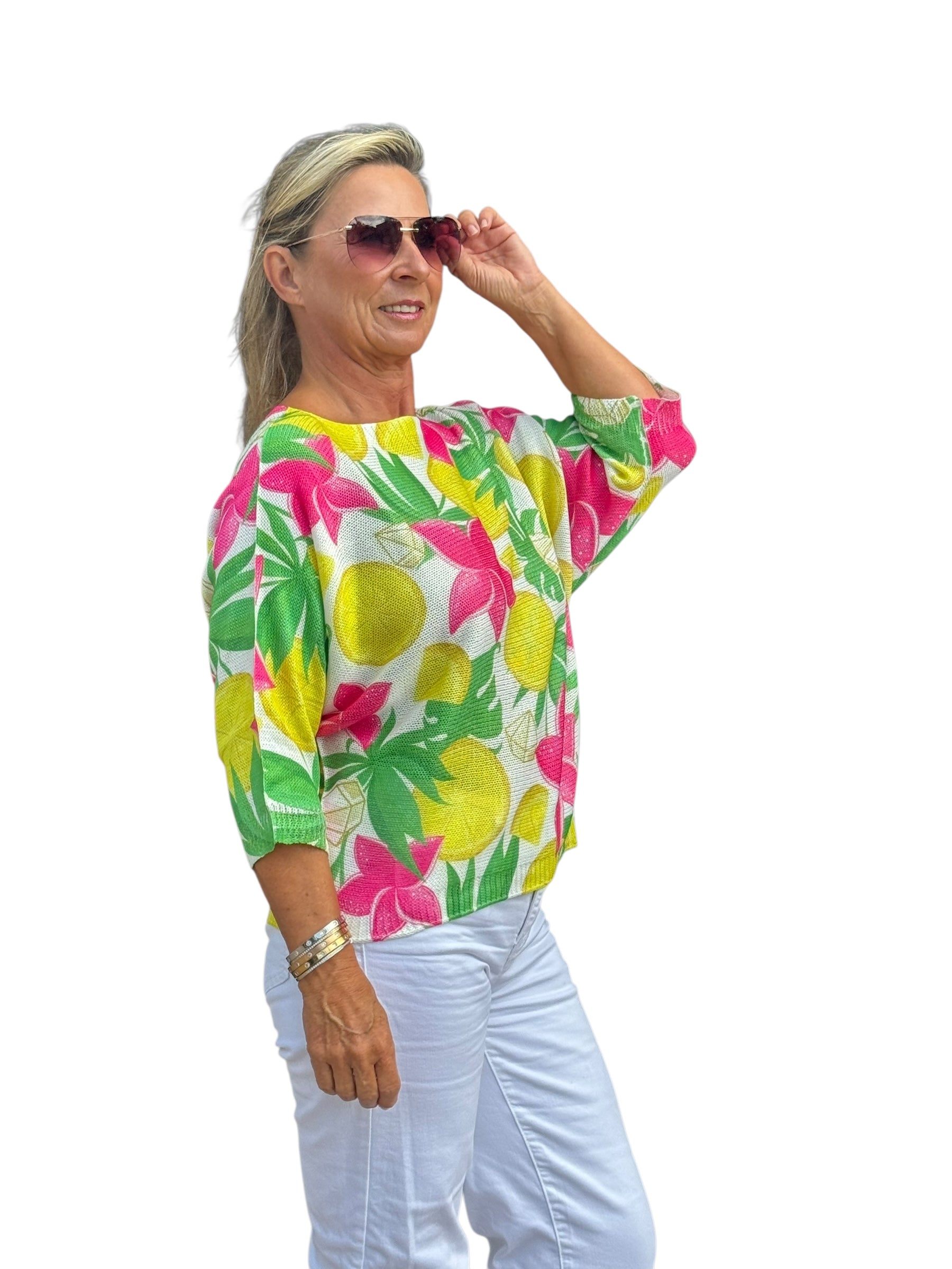 Elbow Sleeve Knit Sweater Lemon Blossoms - MADE IN ITALY