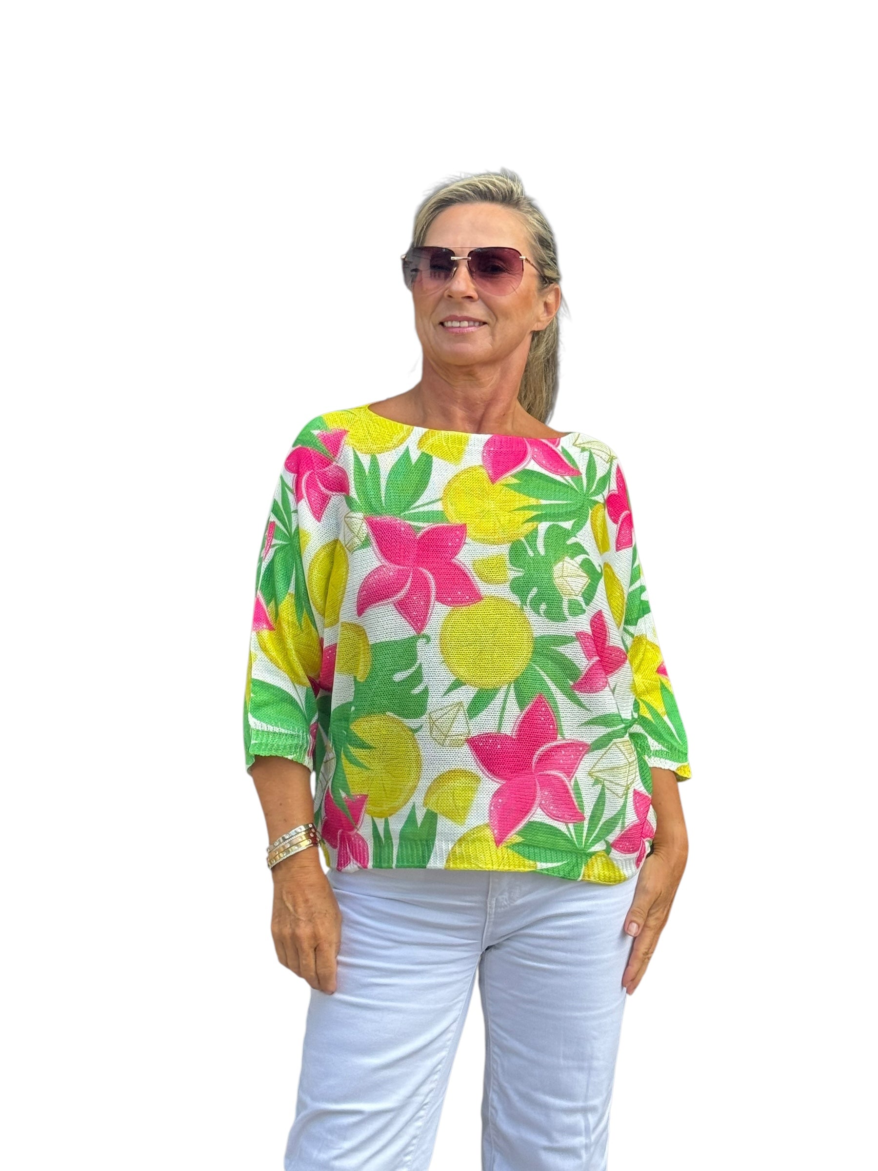 Elbow Sleeve Knit Sweater Lemon Blossoms - MADE IN ITALY