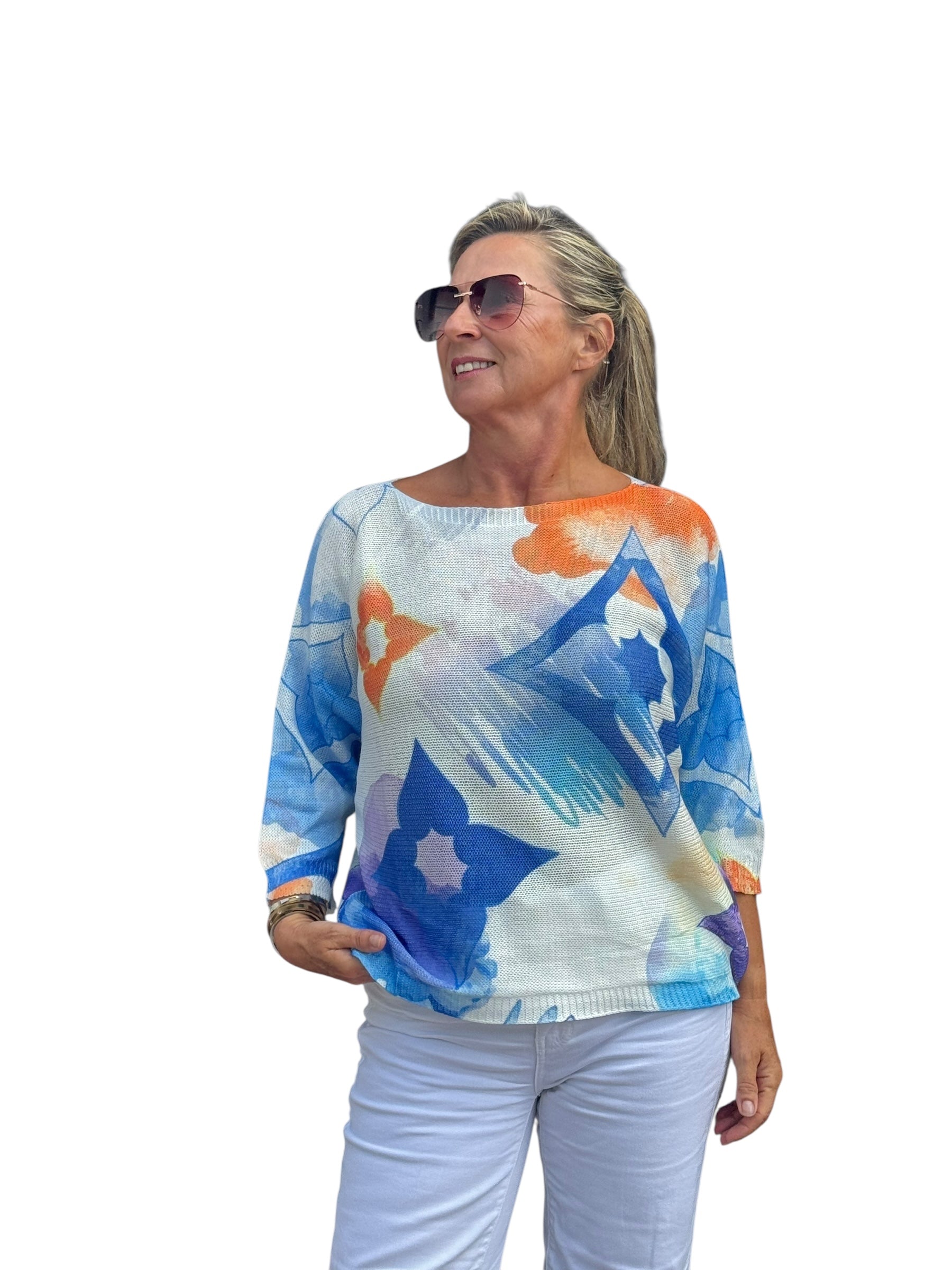 Elbow Sleeve Knit Sweater Blue Pop Clover - MADE IN ITALY