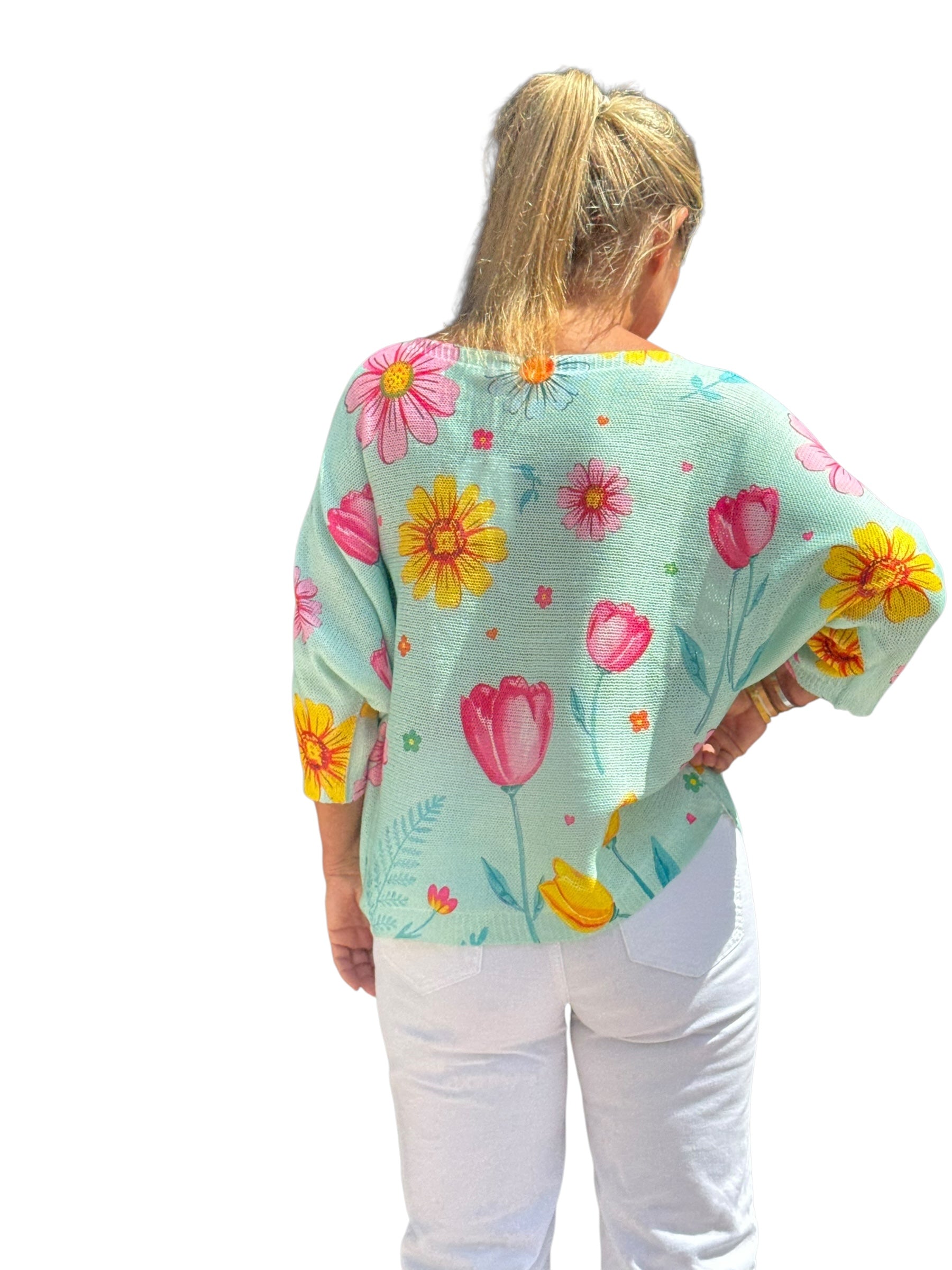 Elbow Sleeve Knit Sweater Mint Flowers - MADE IN ITALY
