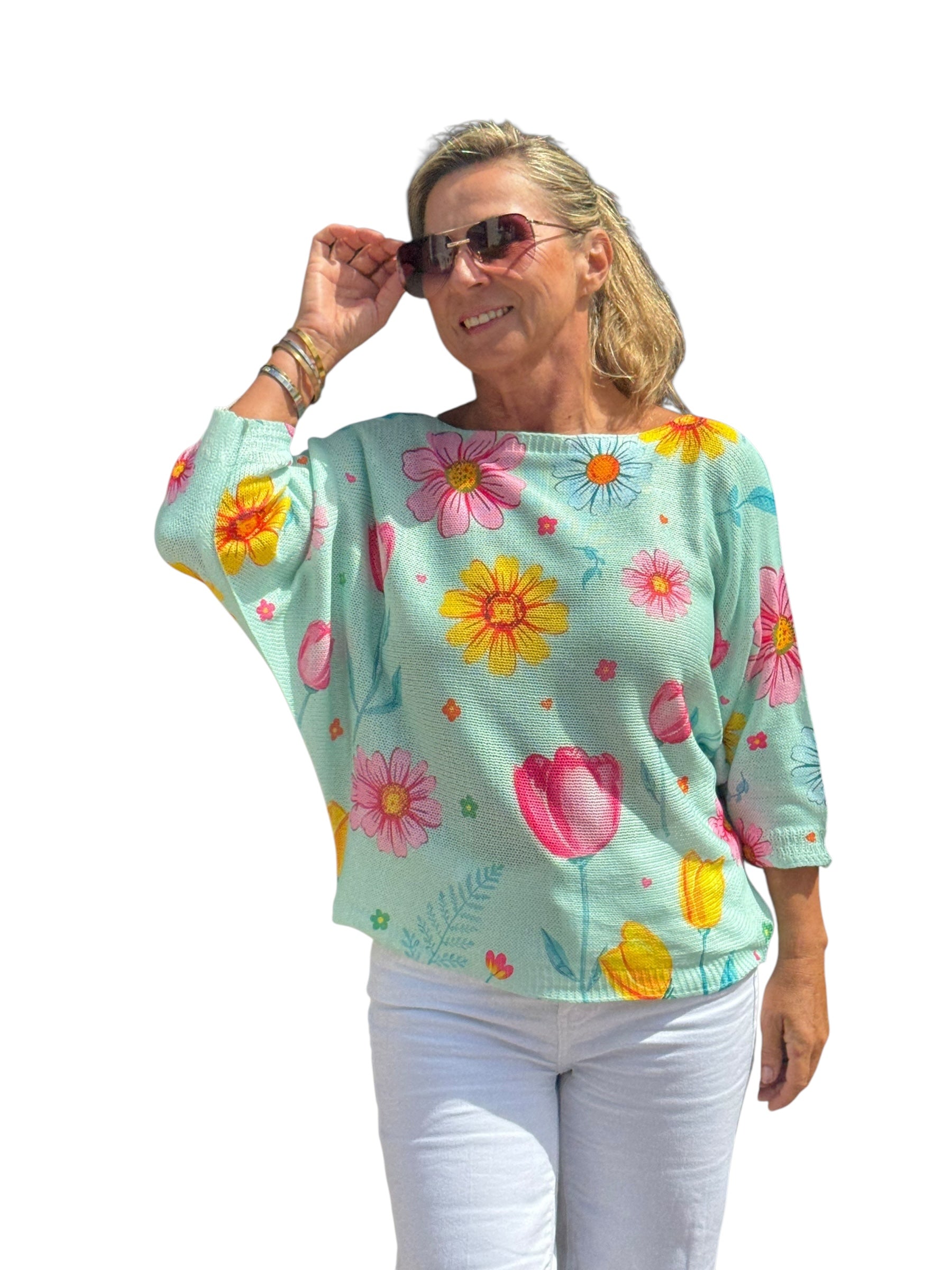 Elbow Sleeve Knit Sweater Mint Flowers - MADE IN ITALY