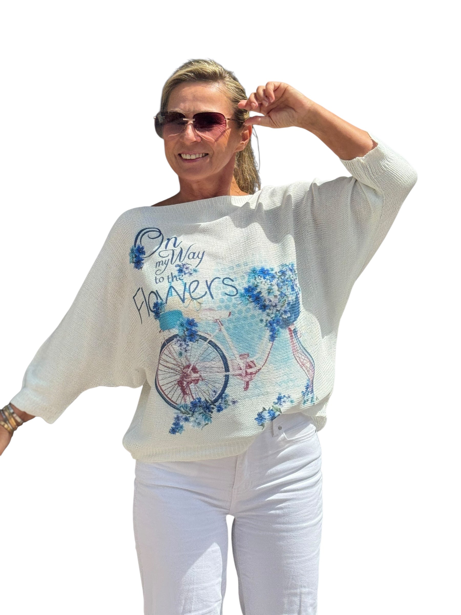 Elbow Sleeve Knit Sweater Blue Flower Bicycle - MADE IN ITALY