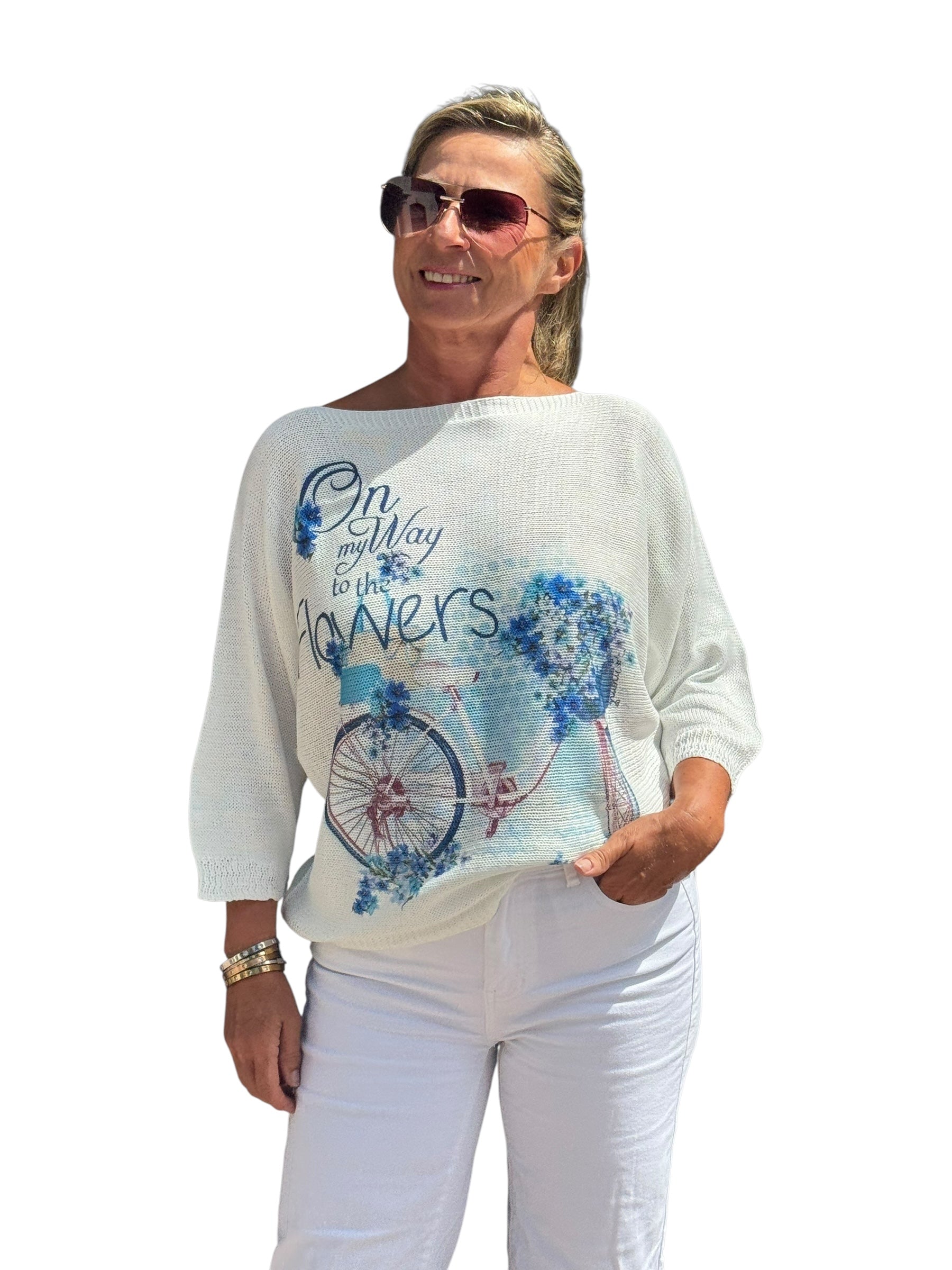 Elbow Sleeve Knit Sweater Blue Flower Bicycle - MADE IN ITALY