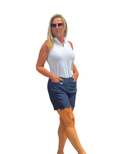 5" Inseam Pull-on Stretch Shorts with Scalloped Hemline Navy