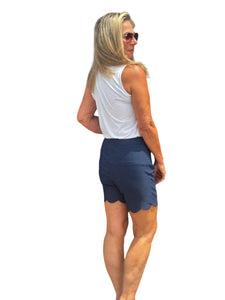 5" Inseam Pull-on Stretch Shorts with Scalloped Hemline Navy
