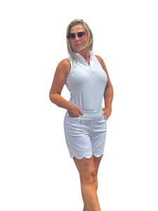 5" Inseam Pull-on Stretch Shorts with Scalloped Hemline White