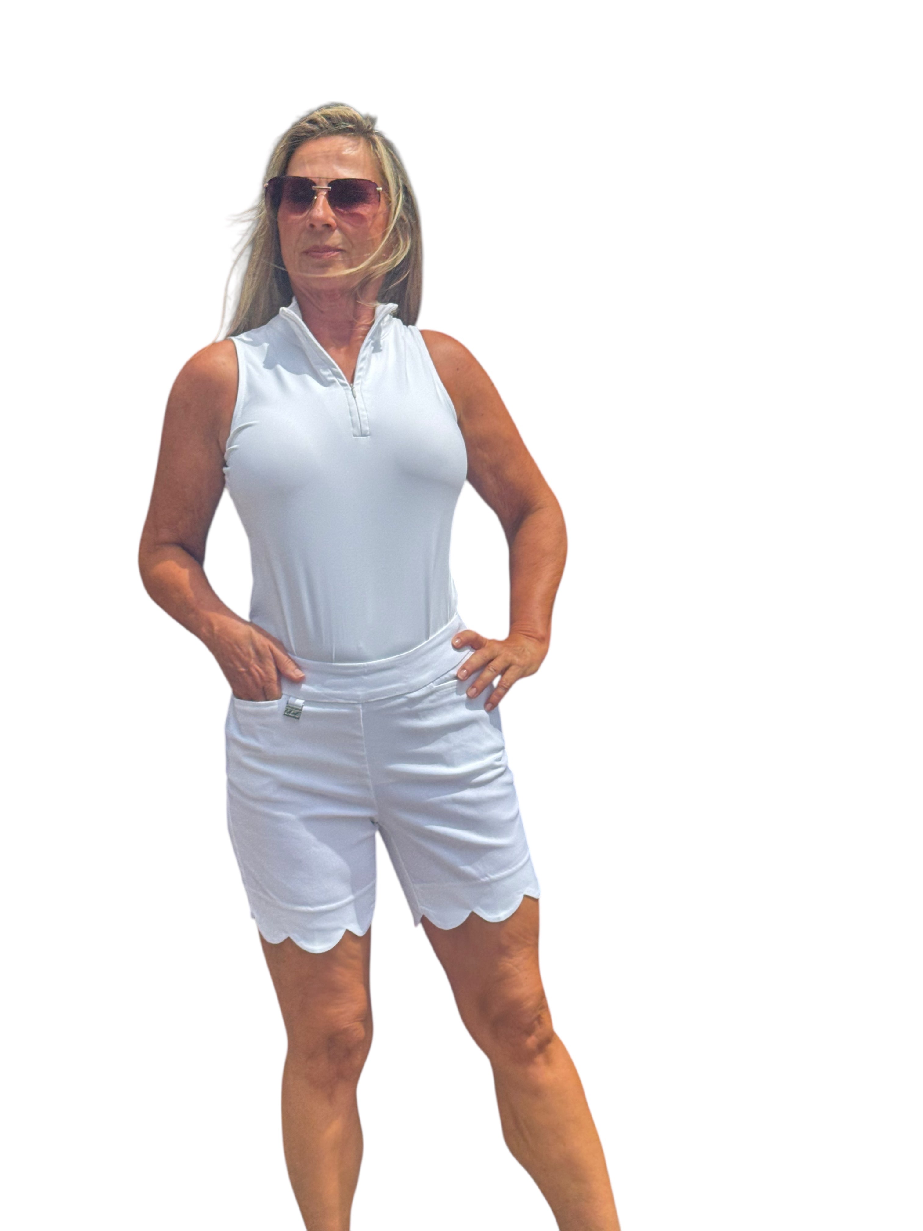 5" Inseam Pull-on Stretch Shorts with Scalloped Hemline White