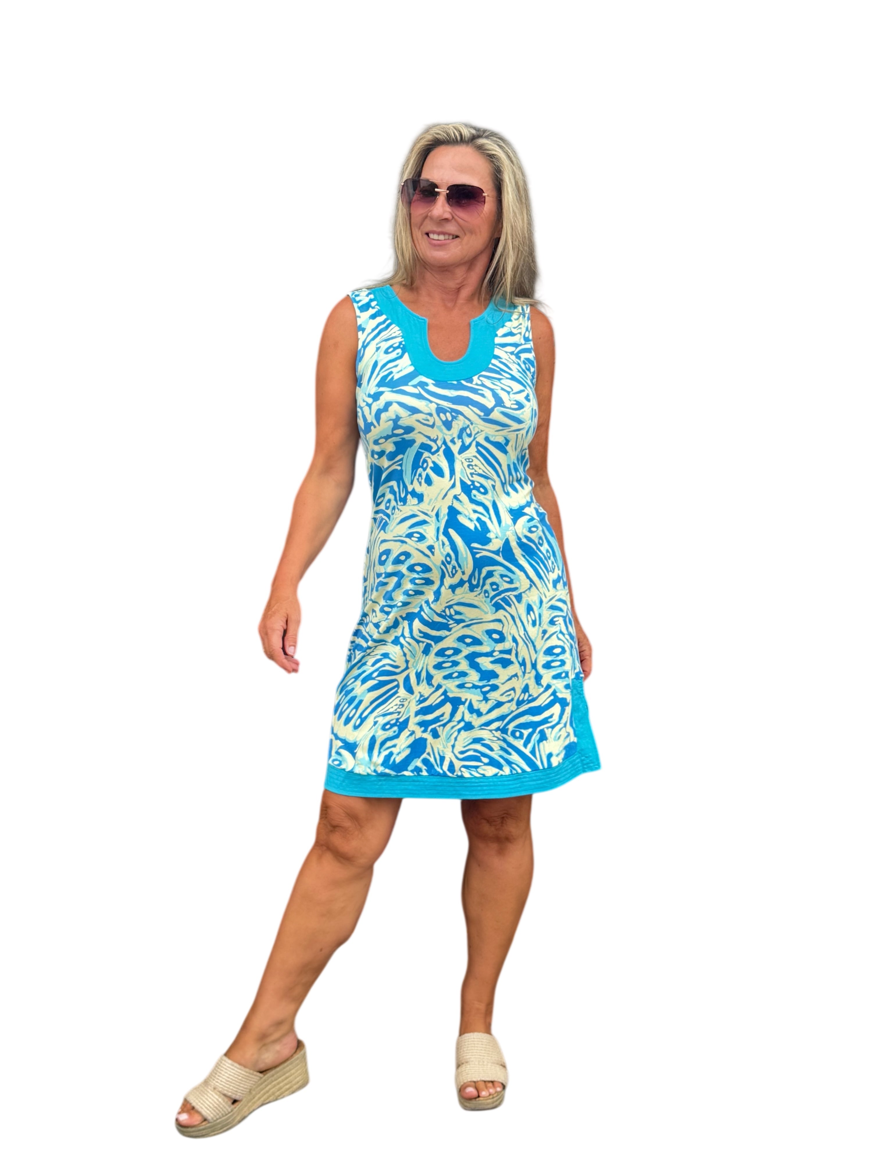 Sleeveless Horseshoe Neck Dress Aqua Waves
