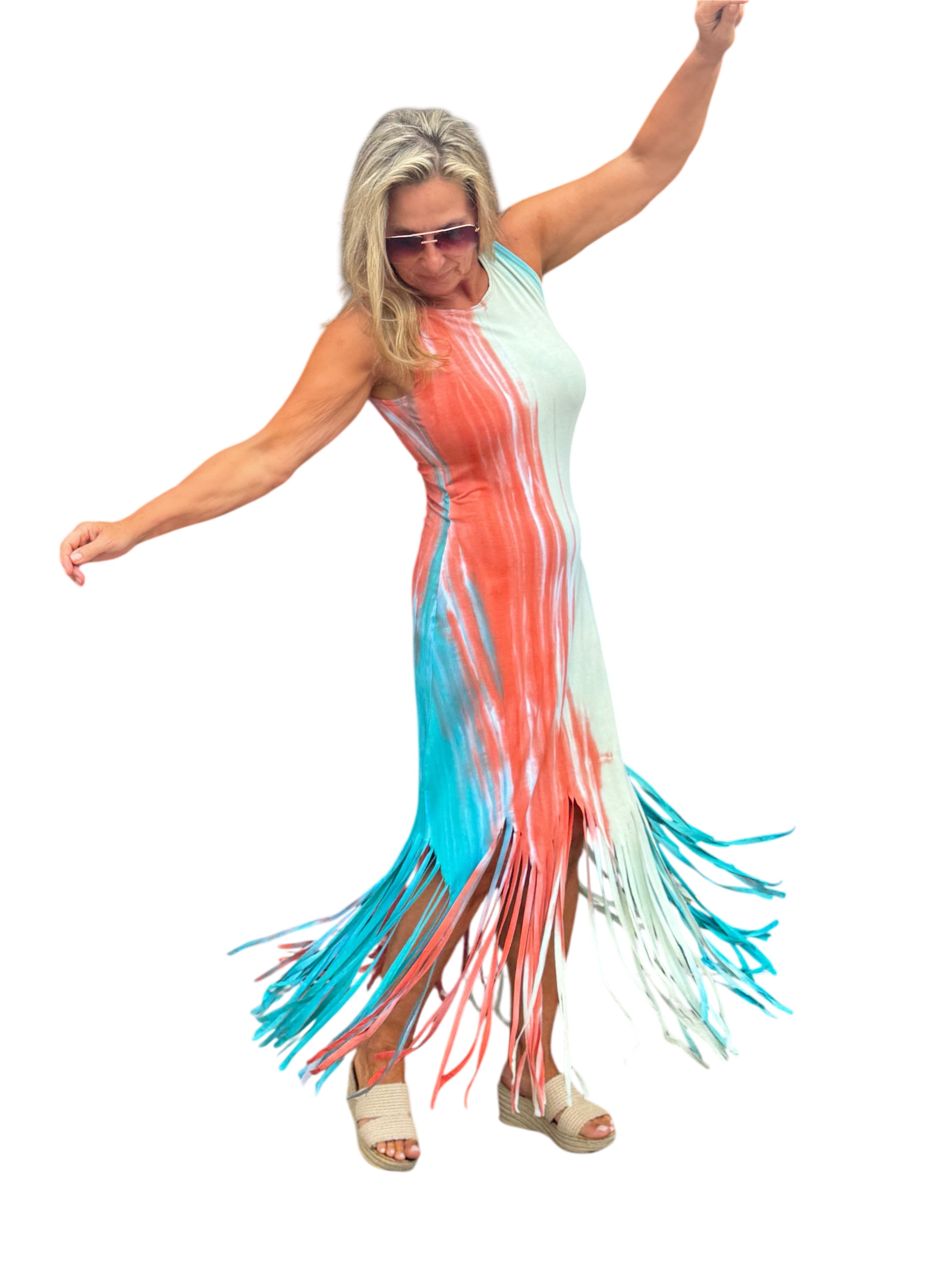 Sleeveless Tie Dye Maxi Dress with Fringe