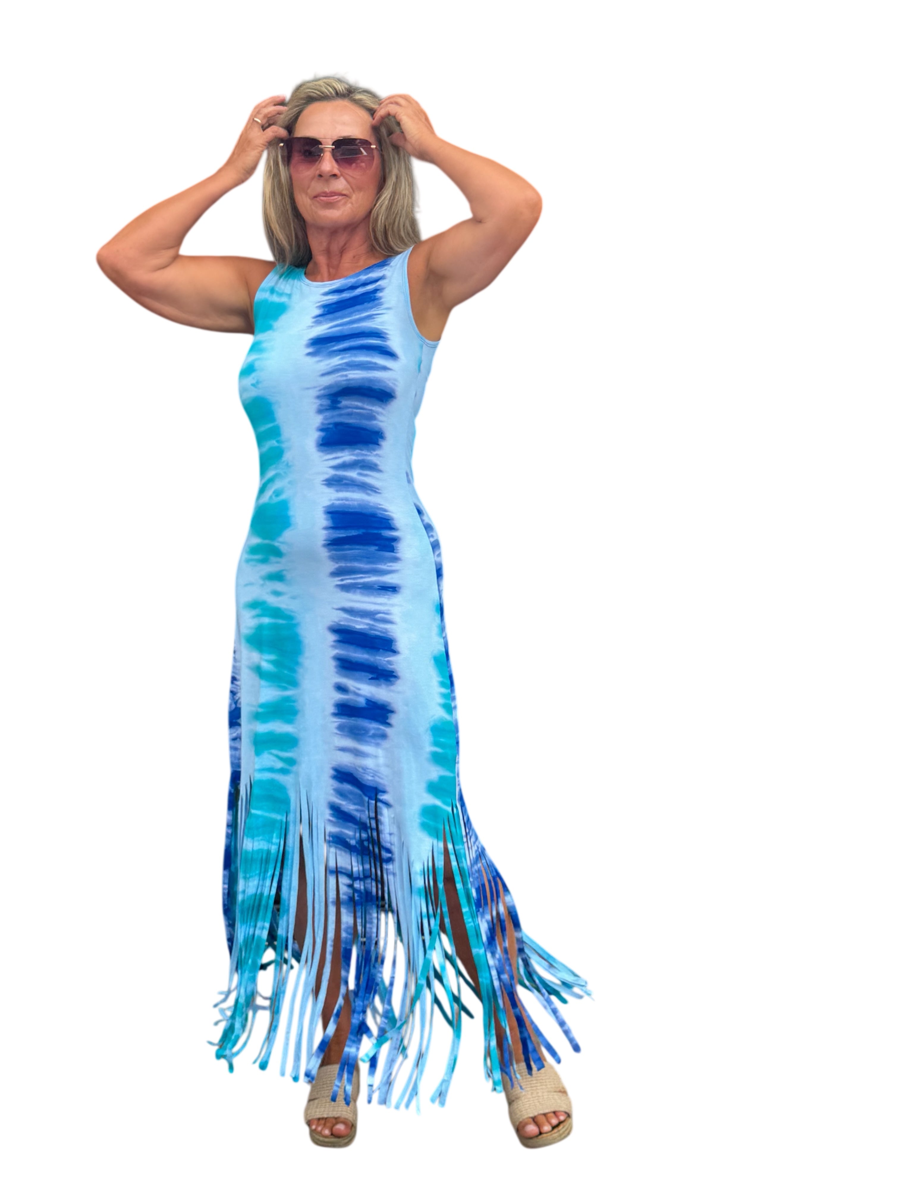Sleeveless Ocean Blue Maxi Dress with Fringe