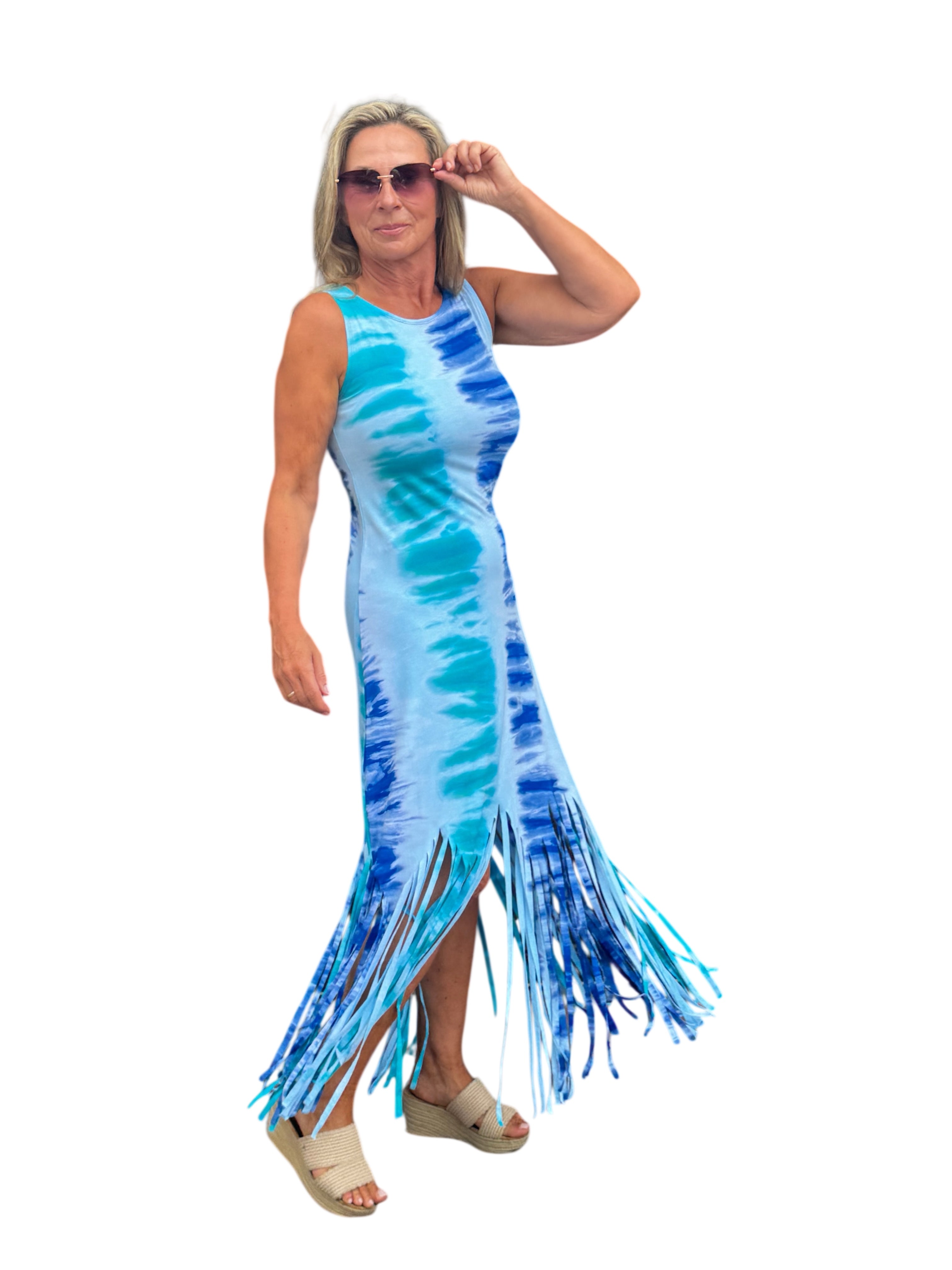Sleeveless Ocean Blue Maxi Dress with Fringe
