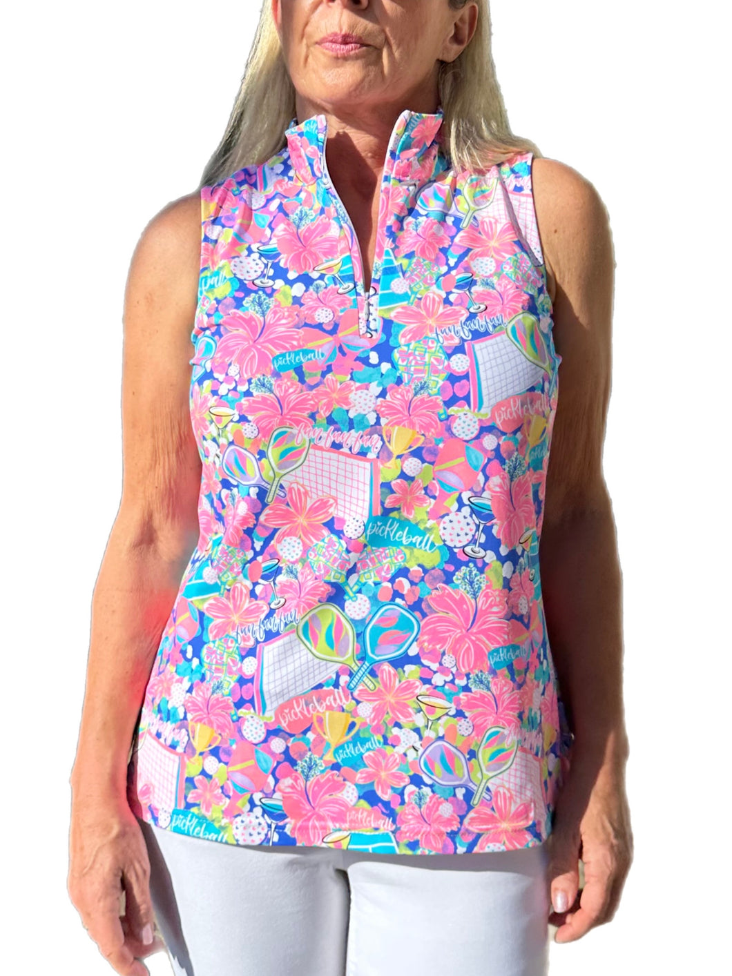 High Zip-Neck Sleeveless Top with UPF50+ Pickle Ball