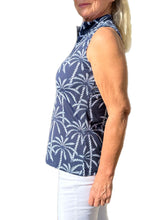 Load image into Gallery viewer, High Zip-Neck Sleeveless Top with UPF50+ Palm Tree Navy White
