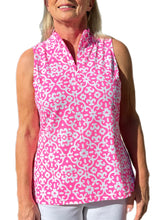 Load image into Gallery viewer, High Zip-Neck Sleeveless Top with UPF50+ Geometric Flowers Bright Pink
