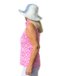 High Zip-Neck Sleeveless Top with UPF50+ Geometric Flowers Bright Pink