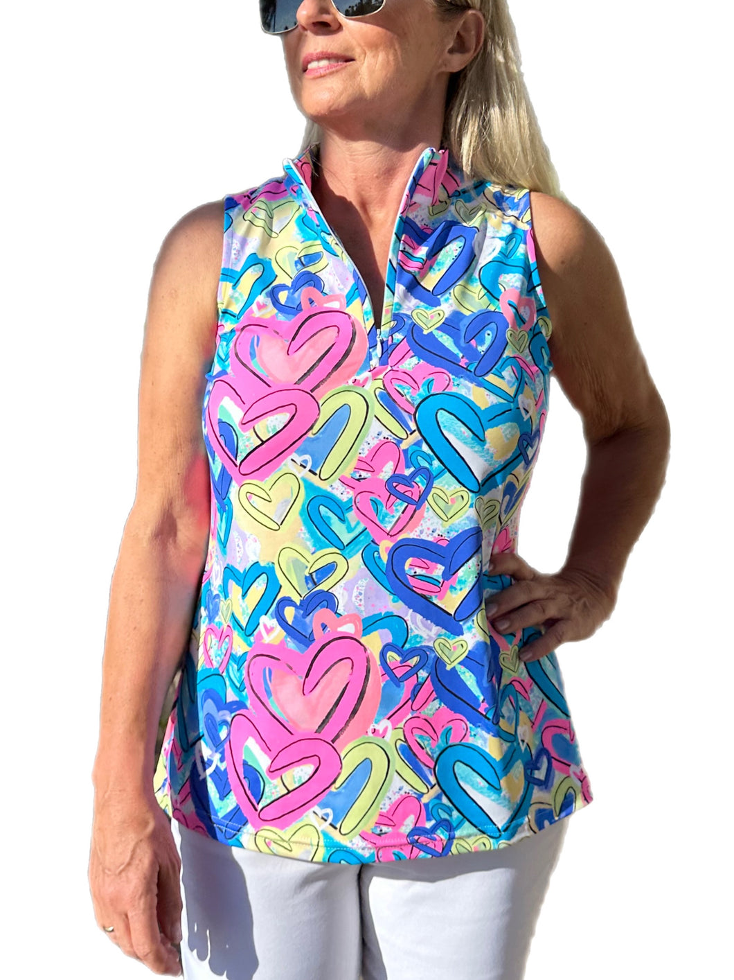 High Zip-Neck Sleeveless Top with UPF50+ Hearts Multicolor