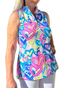 High Zip-Neck Sleeveless Top with UPF50+ Hearts Multicolor