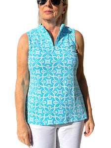High Zip-Neck Sleeveless Top with UPF50+ Geometric Flowers Turquoise