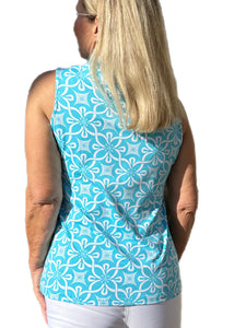 High Zip-Neck Sleeveless Top with UPF50+ Geometric Flowers Turquoise