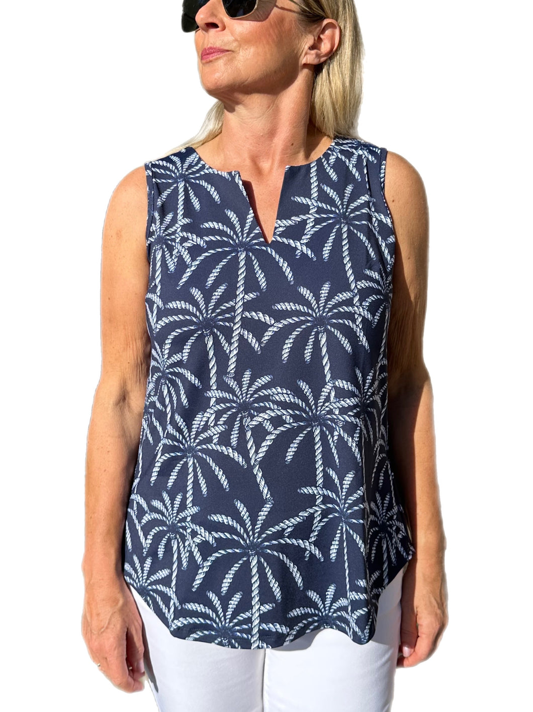 Keyhole Sleeveless Top with UPF50+ Palm Tree Navy White