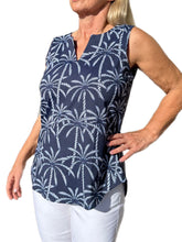 Load image into Gallery viewer, Keyhole Sleeveless Top with UPF50+ Palm Tree Navy White
