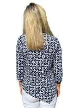 Load image into Gallery viewer, Asymmetrical Hemline Top with UPF50+ Geometric Flowers Navy
