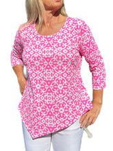 Load image into Gallery viewer, Asymmetrical Hemline Top with UPF50+ Geometric Flowers Bright Pink
