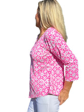 Load image into Gallery viewer, Asymmetrical Hemline Top with UPF50+ Geometric Flowers Bright Pink
