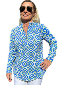 High Zip-Neck Long Sleeve Top with UPF50+ Diamonds Blue Key Lime