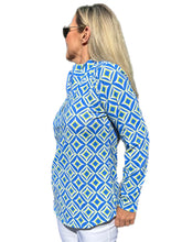 Load image into Gallery viewer, High Zip-Neck Long Sleeve Top with UPF50+ Diamonds Blue Key Lime
