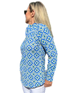 High Zip-Neck Long Sleeve Top with UPF50+ Diamonds Blue Key Lime