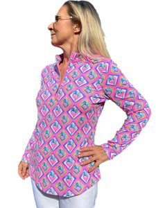 High Zip-Neck Long Sleeve Top with UPF50+ Palm Tree Pink