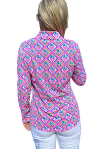 High Zip-Neck Long Sleeve Top with UPF50+ Palm Tree Pink