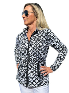Zip-Up Long Sleeve Jacket with UPF50+ Geometric Flowers Black
