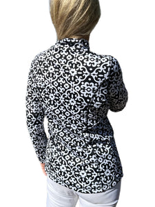 Zip-Up Long Sleeve Jacket with UPF50+ Geometric Flowers Black
