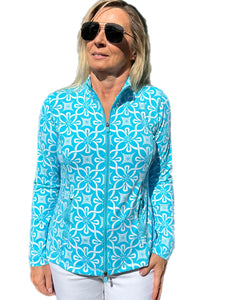 Zip-Up Long Sleeve Jacket with UPF50+ Geometric Flowers Turquoise