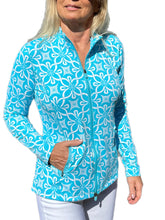 Load image into Gallery viewer, Zip-Up Long Sleeve Jacket with UPF50+ Geometric Flowers Turquoise
