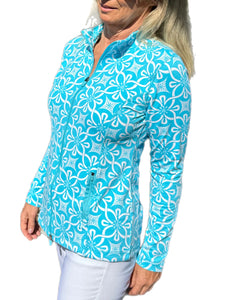 Zip-Up Long Sleeve Jacket with UPF50+ Geometric Flowers Turquoise
