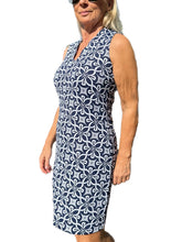 Load image into Gallery viewer, Scalloped-Neck Sleeveless Dress with UPF50+ Geometric Flowers Navy
