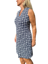 Load image into Gallery viewer, Scalloped-Neck Sleeveless Dress with UPF50+ Geometric Flowers Navy
