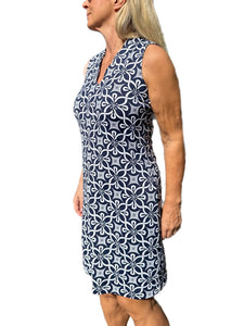 Scalloped-Neck Sleeveless Dress with UPF50+ Geometric Flowers Navy