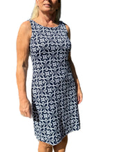 Load image into Gallery viewer, Classic Shift Dress with UPF50+ Geometric Flowers Navy
