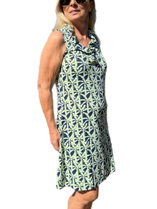 Ruffle-Neck Dress with UPF50+ Palm Tree Navy